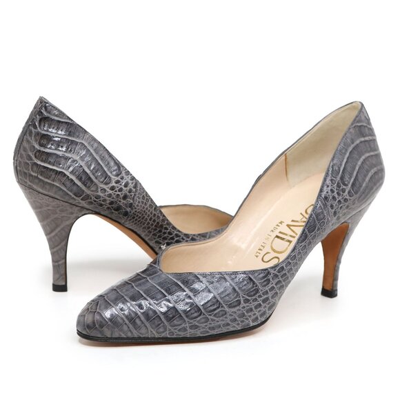 Vintage David' Croco Embossed Leather Point Toe Pumps Grey 80s Italy - Picture 2 of 9